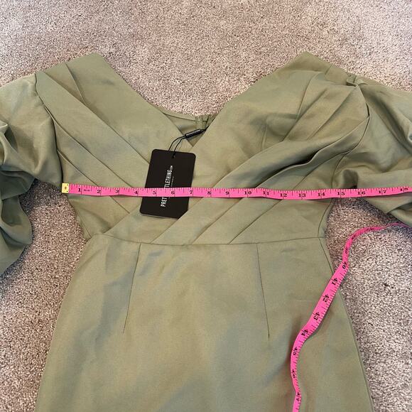 NWT Pretty Little Thing Sage Green Off the Shoulder Ruched Bodycon Dress 0 - Picture 9 of 10